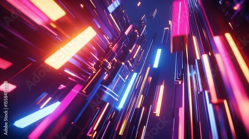 Abstract Technological Background with Neon Glowing Rectangular Shapes