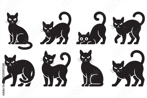 Black Cat Collection: A minimalist illustration showcases a collection of sleek black cats in various poses, capturing the enigmatic charm and allure of feline companions.
