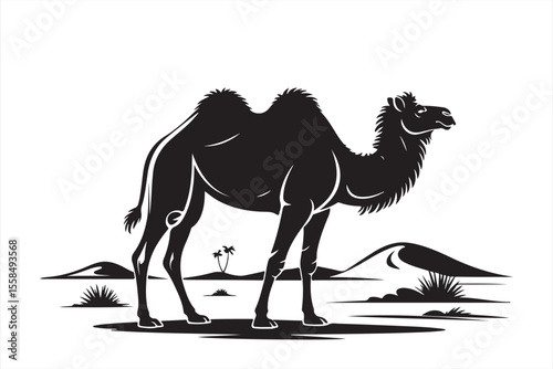 Desert Majesty: The image is a silhouette of a majestic camel standing proudly in a desert landscape.