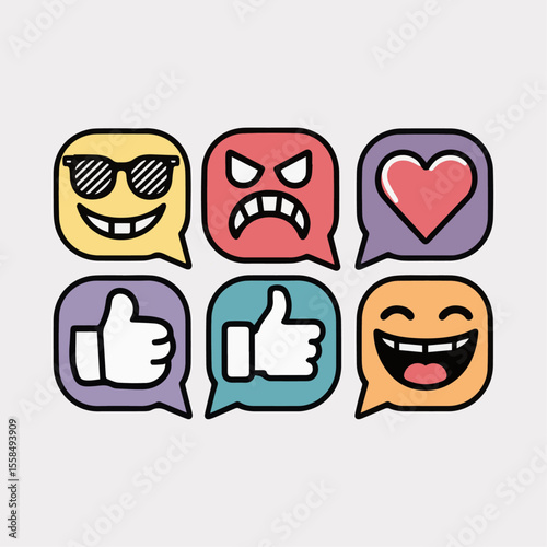 Social Media and Emotion Reaction Icons, Colorful Like, Love, Angry, Laugh, and Emoji Chat Bubble Vector Set