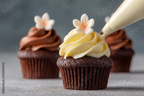 Three cupcakes stand out one being decorated with white icing from a piping bag