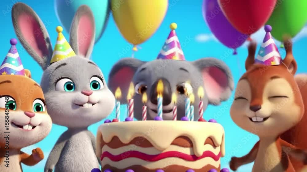 Animated Birthday Celebration with Cute Cartoon Animals Singing Around Cake Animated Birthday Celebration with Cute Cartoon Animals Singing Around Cake