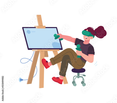 An artist's illustration of a girl wearing virtual glasses, painting a picture on a monitor screen. Vector. Flat style. Illustration for for design projects.