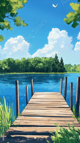 Wooden pier overlooking a peaceful lake.