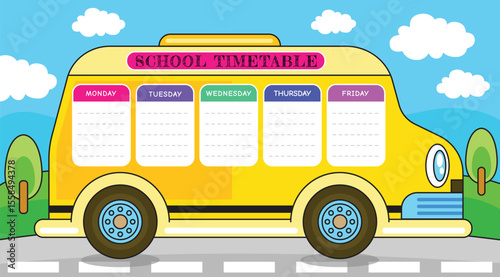 Hand drawn school bus with timetable vector illustration