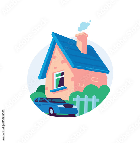 Illustration of a house and a car. Vector. A symbol of real estate, credit and collateral. Private property. Background for design projects.
