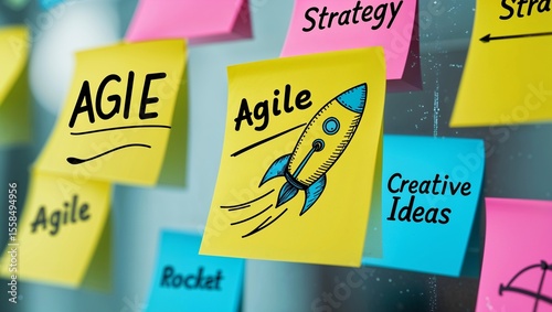 Colorful sticky notes display Agile methodology concepts, promoting creative ideas, strategy, and software development projects.
