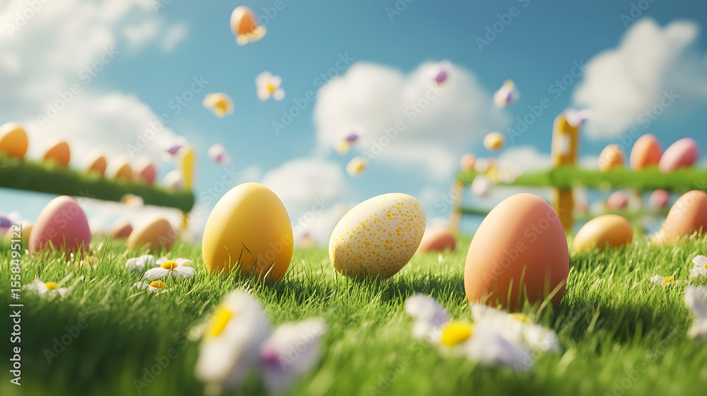 Fototapeta premium Colorful Easter eggs scattered across a grassy field under a bright blue sky. 