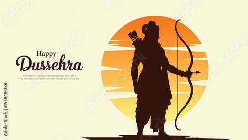 Happy Dussehra Greeting with Lord Rama Silhouette and Sunset Background