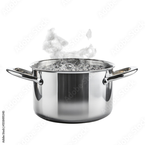Boiling water in a stainless steel pot with steam rising, isolated on a transparent background, cutout PNG