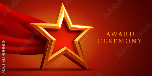 Award ceremony background and 3d gold star with red silk ribbon decoration. Vector illustration
