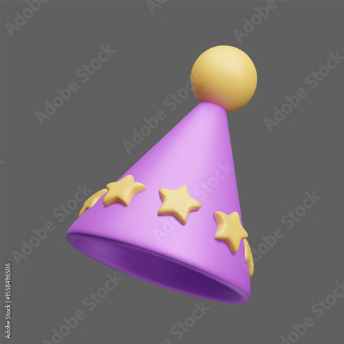 Magician wizard cone hat 3D style vector design element isolated. Purple triangle cone hat with yellow stars and pom pom birthday decoration. Surprise party anniversary celebration cap 3D render.