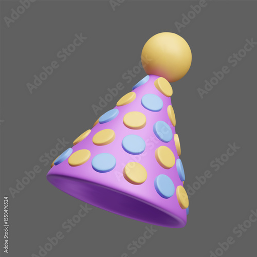 Dotted purple birthday cone hat with pom pom 3D style vector icon. Happy birthday celebration cap, holiday decoration, children birthday party. Festive clown cone hat, circus decor element 3D render.