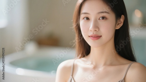 A young woman with fair skin and long hair draped over her shoulders shows a natural and fresh face and temperament under soft light.
