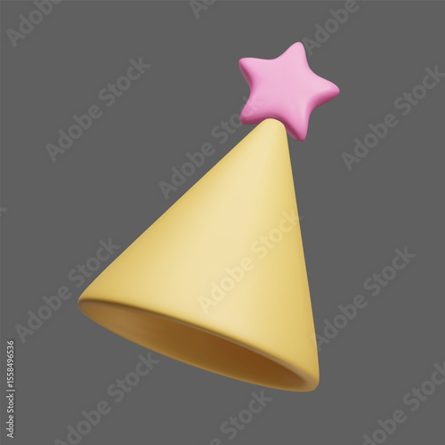 Yellow triangle cone hat with pink star pom pom 3D style vector icon isolated on dark. Happy birthday celebration, surprise party hat, circus clown cone cap, magician wizard star hat 3D vector.
