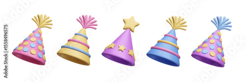 Colorful festive birthday hats 3D style vector icon set. Surprise birthday party decor, happy anniversary celebration, festival carnival hats. Striped, dotted, star cone birthday caps 3D icon set.