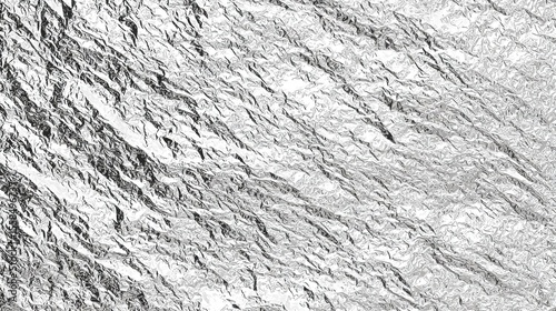 Wrinkled silver surface, reflecting light with intricate textures and patterns, creating abstract design.