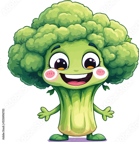 Kawaii Broccoli Character – Cute Vector Illustration of Smiling Green Vegetable with Big Eyes and Outstretched Arms