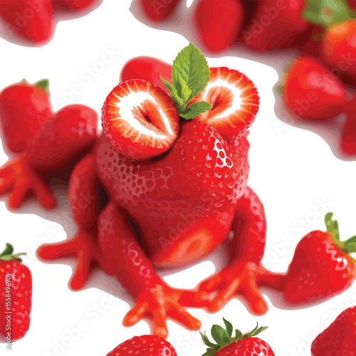 Strawberry Frog Sculpture – Creative Vector Illustration of Red Frog Assembled from Fresh Strawberries with Leaf Crown and Berry Limbs