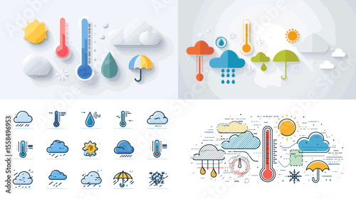 Modern flat weather icons set including sun, cloud, rain, snow, and thermometer symbols. Ideal for forecast apps, websites, UI, and educational content.

