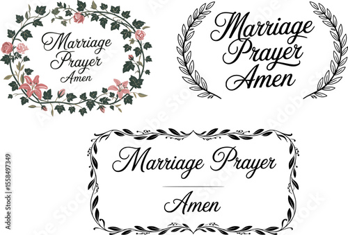 Elegant Marriage Prayer Typography Vector Set – Black and White Calligraphy Design Featuring “Marriage Prayer” and “Amen” – Classic Script Fonts Ideal for Wedding Invitations, Religious Decor