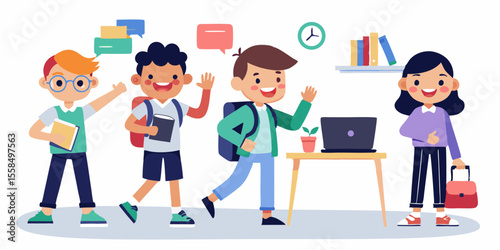 Happy School Kids Illustration Ready to Learn with Colorful Backgrounds Books Laptop Desk and Backpacks for the Classroom