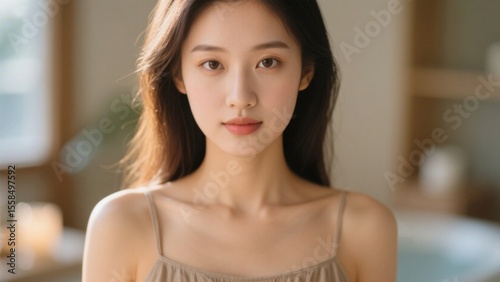A young woman with fair skin and long hair draped over her shoulders shows a natural and fresh face and temperament under soft light.
