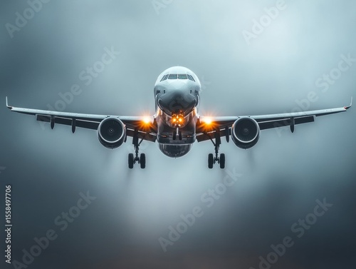selective focus passenger plane landing with colorful sky background