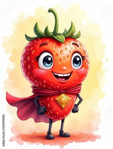 Cheerful superhero strawberry character with a cape and a smile