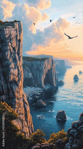 Peaceful coastal view with rocky cliffs at sunrise.