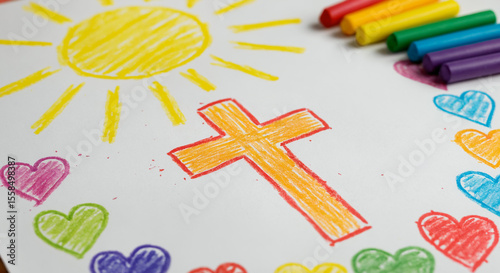 Crayon drawing of sun and cross with hearts on paper