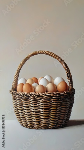 woven basket of fresh eggs from farm.