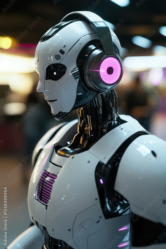 Fototapeta premium Futuristic robot head with glowing pink accents