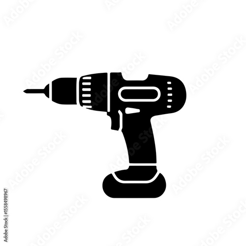 Cordless Power Drill Icon. A sleek and modern black silhouette icon of a cordless power drill, perfect for various design projects, construction themes, DIY concepts, and tool-related graphics