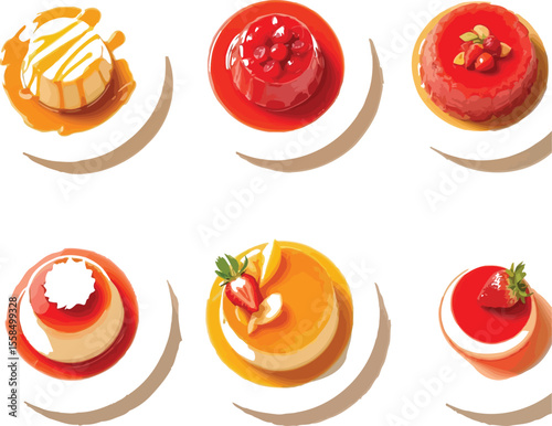 "
Flan Dessert Variety – Vector Illustration of Six Caramel Custards with Fruit Garnishes, Toppings, and Sauce on White Plates