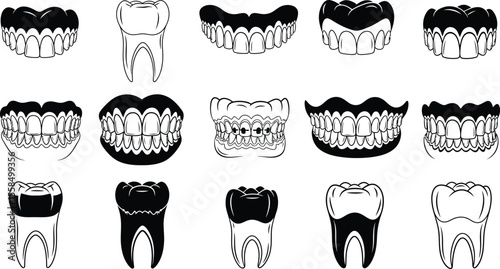 A collection of black and white dental illustrations featuring teeth and gums sets