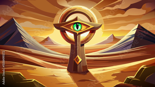 lose up An ancient Ankh stands upright in the sand, glowing under desert light, symbolizing eternal life. Next to it, the Eye of Horus is painted on a temple wall, intricate colors and patterns preser