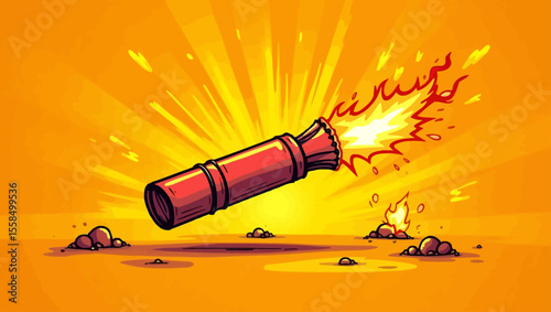 Vector illustration of a cartoon firecracker exploding on bright orange background. Perfect for celebration, festival and fireworks concepts.