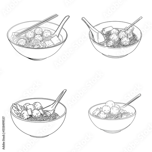 Koleksi ilustrasi hitam-putih mie dan bakso dalam mangkuk, sempurna untuk menu restoran Asia, branding street food, atau desain kuliner tradisional.

