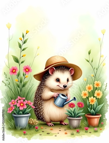 Hedgehog watering flowers in a colorful garden on a sunny day