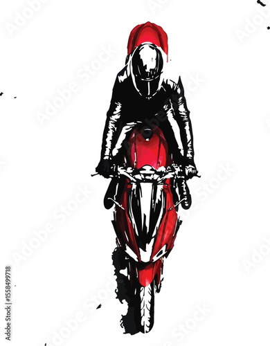 Front View Red Motorcycle Rider – Graphic Vector Illustration of Helmeted Biker in Jacket on Classic Bike with Striking Red Accents