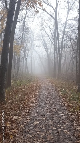Foggy path through a peaceful autumn forest.