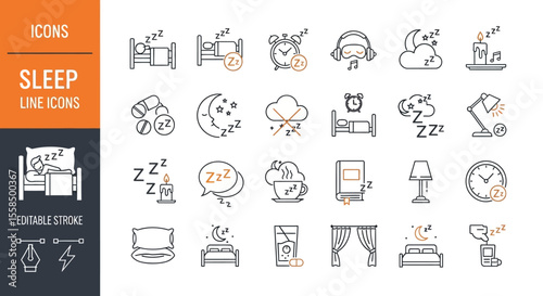 Sleep Icon Set Line Icons for Better Rest, Health, and Wellness. Vector Collection of Sleep Symbols for Relaxation and Healthy Lifestyle.