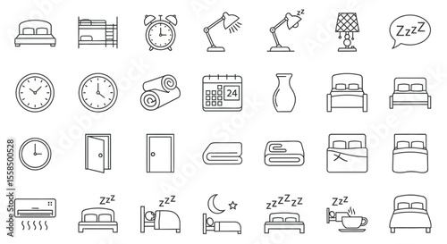 Sleep Hygiene Icon Set Promoting Restful Nights with Bed, Clock, and Comforts | Vector Collection