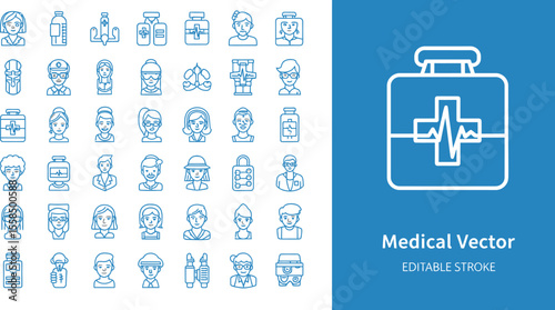 Collection of medical and healthcare icons featuring doctors nurses and medicine items