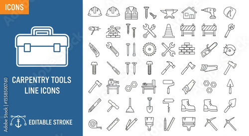 Carpentry Tools Icon Set Editable Stroke Construction Outline Symbols for Building and DIY Projects