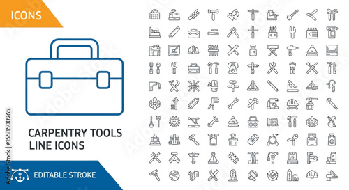 Carpentry Tools Line Icons Set Toolbox and Utensils for Woodworking Projects and Home Improvement, DIY Carpentry Elements