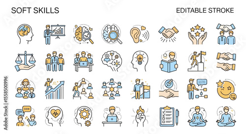 Editable Soft Skills Icon Set Fostering Human Capital with Key Competencies for Success