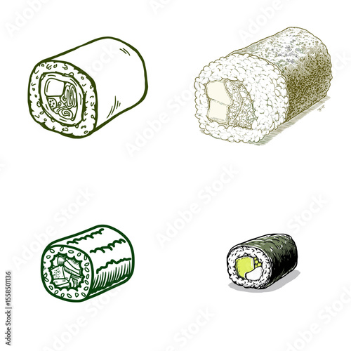 Detailed sushi roll illustrations in ink and textured style, perfect for Japanese food menus, culinary branding, and seafood-themed packaging design.

