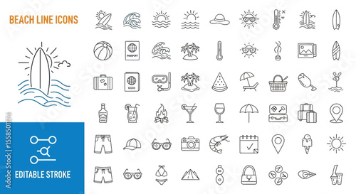 Summer Holiday Outline Icons Beach Essentials, Activities, and Vacation Elements for Travel Planning